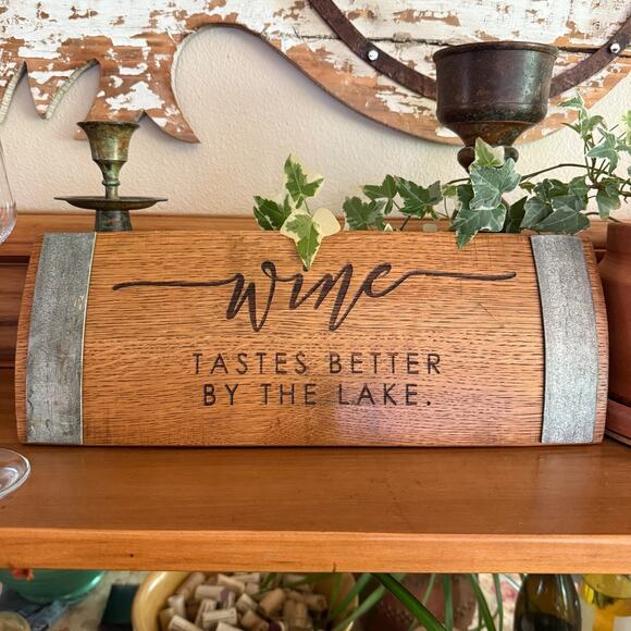 Wine Barrel Stave Wall Art Decor "Wine Tastes Better By The Lake" 15" Rustic - Picture 2 of 12